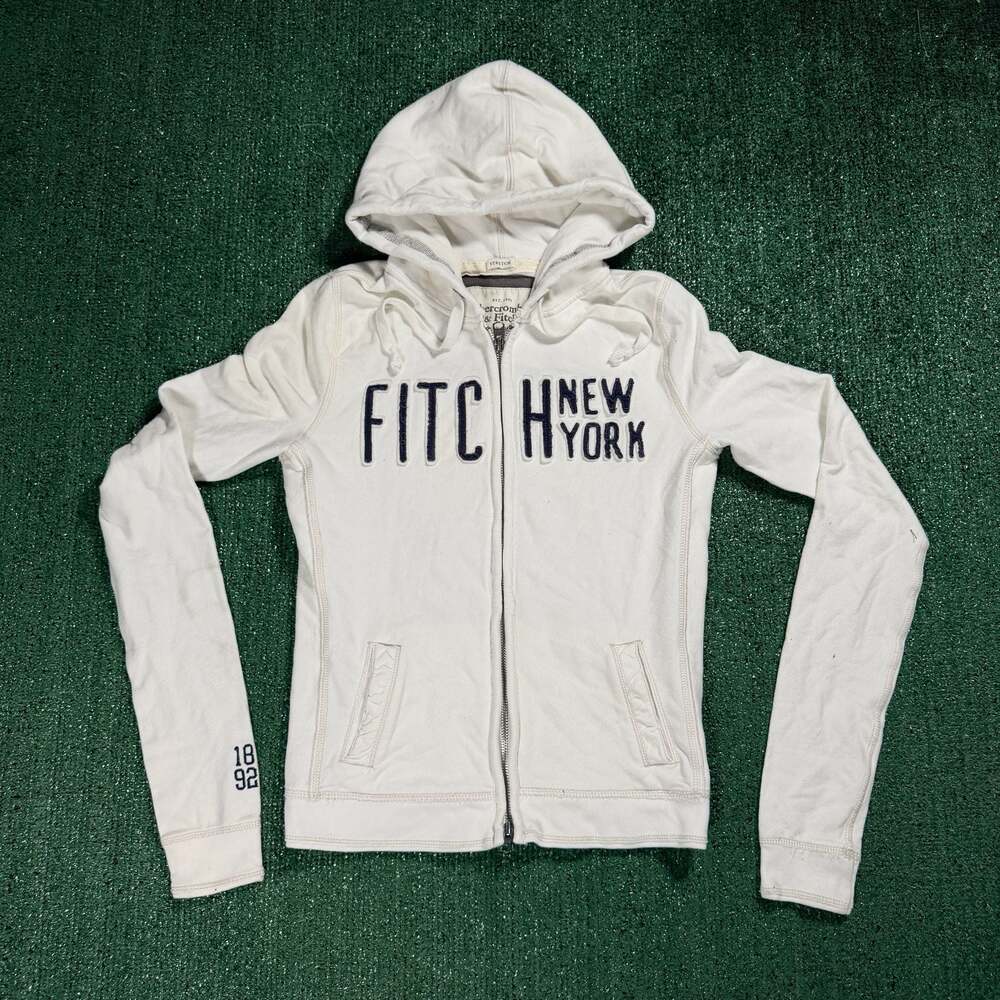 Y2K Womens Abercrombie & Fitch White Zip-Up Hoodie Sweatshirt Embroidery Large